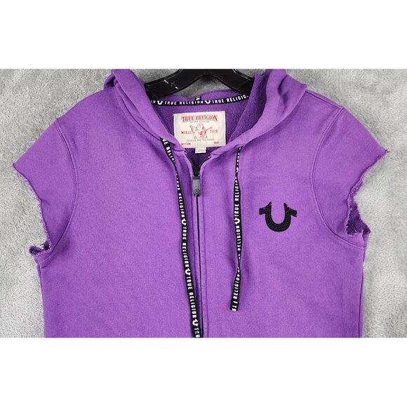 True Religion Hoodie Womens Small Purple Full Zip Cutoff Sleeves Sweatshirt - Picture 6 of 11